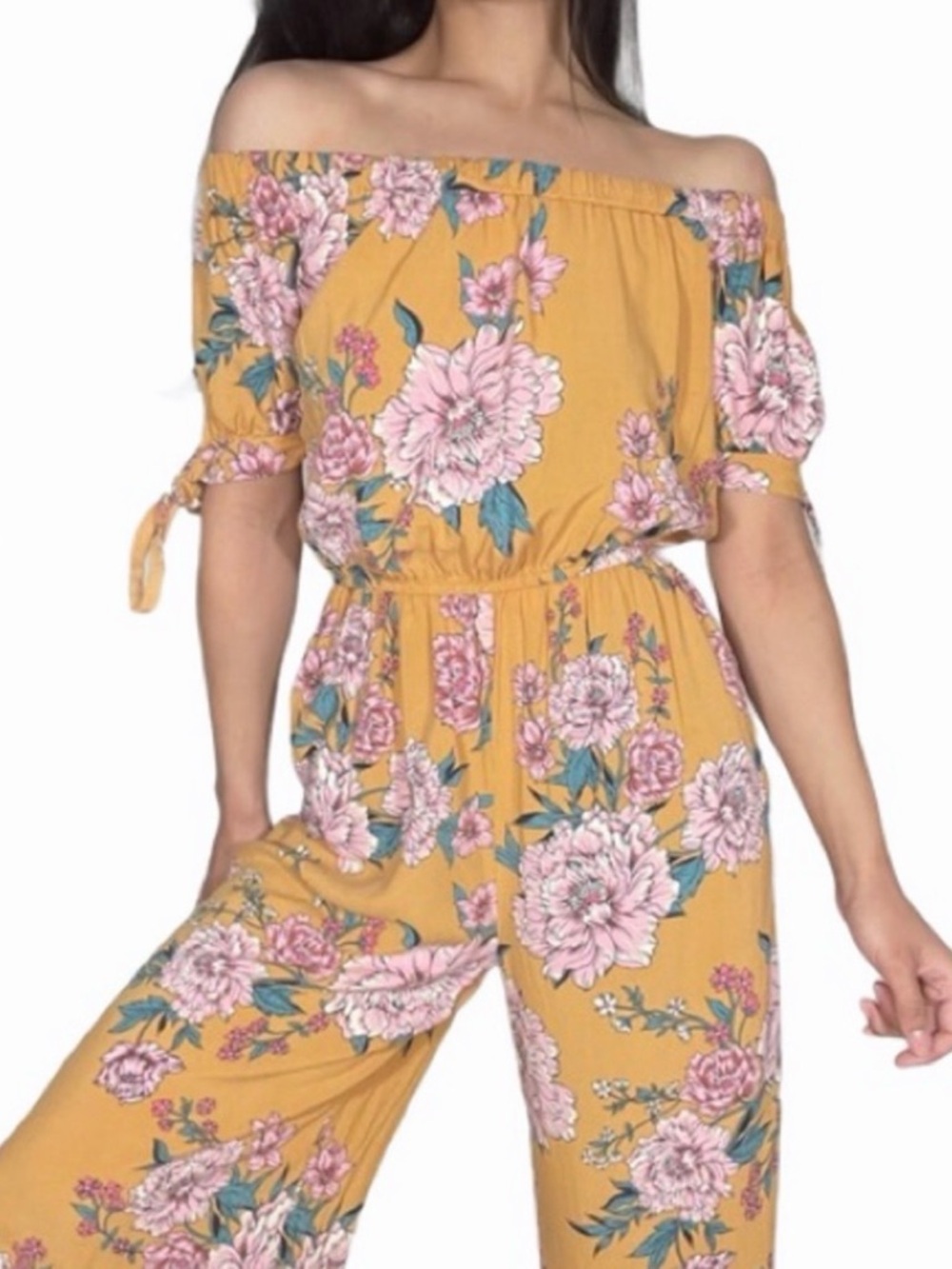 Band Of Gypsies Mustard Yellow Off Shoulder Floral Wide Leg Jumpsuit Sz S